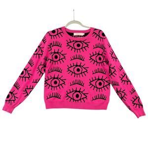 Lizette Collection Pink All Over Eye Pattern Crew Neck Long Sleeve Sweater Large
